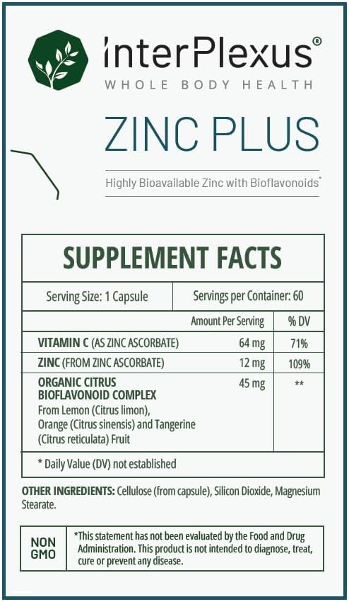 InterPlexus Zinc Plus - Zinc with Vitamin C and Organic Citrus Bioflavanoids to Support a Healthy Immune System - Gluten Free Dairy Free Soy Free - 60 Capsules (60 Servings)