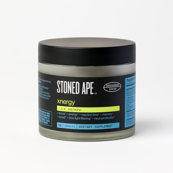 Stoned Ape Xnergy - Adaptogenic Nootropic - Supports Memory Focus Energy Mood Blue Light Filtering - ALCAR B12 Bacopa Astaxanthin Lutein Choline - Keto Paleo Vegan - NSF Sport Certified