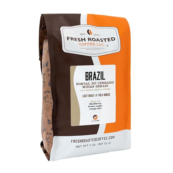 Fresh Roasted Coffee Brazil Minas Gerais 2 lb (32 oz) Light Roast Kosher Whole Bean