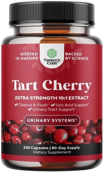 Natures Craft Extra Strength Tart Cherry Capsules - Tart Cherry Extract Capsules for Uric Acid Cleanse for Kidney Support - Fruit Extract Supplement for Urinary Tract Health &amp Joint Support - 240