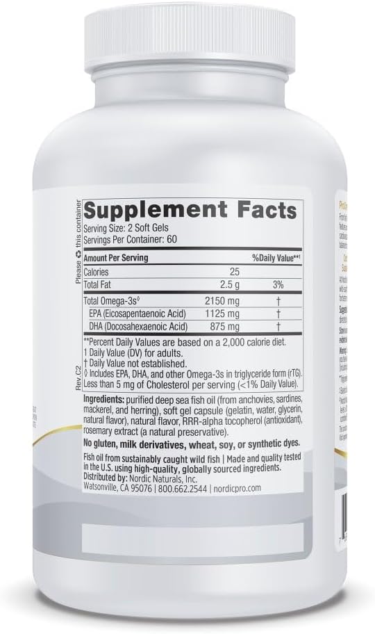 Nordic Naturals ProOmega 2000 Lemon Flavor - 120 Soft Gels - 2150 mg Omega-3 - Ultra High-Potency Fish Oil - EPA &amp DHA - Promotes Brain Eye Heart &amp Immune Health - Non-GMO - 60 Servings