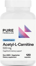 PureFormulas Acetyl L-Carnitine Cognitive &amp Memory Support L Carnitine Supplement for Brain Focus &amp Calmness Alcar 500mg Dairy Free Non-GMO 120 Vegetarian Capsules