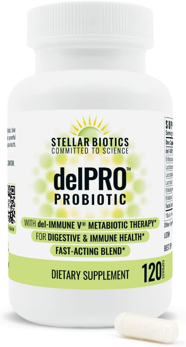 Del-Immune V® + Delpro Probiotic &amp Prebiotic Blend by Stellar Biotics - Promotes Optimal Gut Health Digestion Immune Support &amp Mood (120 Capsules)