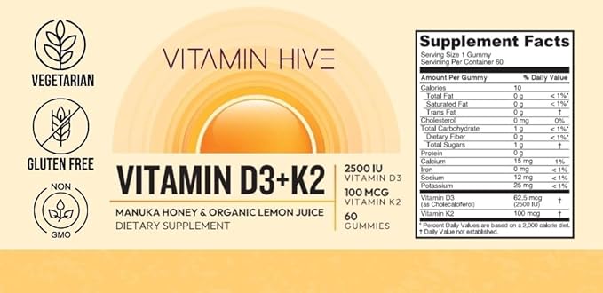 Vitamin 2500 IU D3 + 100mcg K2 MK-7 - Manuka Honey &amp Organic Lemon - Vegan Pectin - No Sugar Alcohols - with Avocado Oil for Absorption - Bone &amp Immune Support - 60 Day Supply