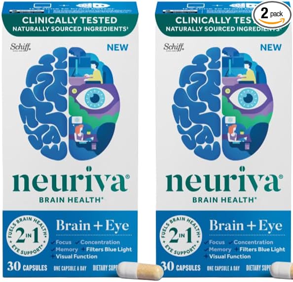 NEURIVA Brain + Eye Supplement for Memory Focus &amp Concentration with Clinically Tested Lutein and Zeaxanthin Vitamins A C &amp E + Zinc for Eye Health &amp Filter Blue Light 30 Count Capsules