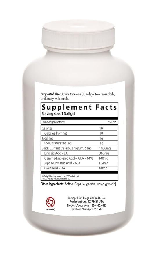 Black Currant Seed Oil - Essential Fatty Acid 140 mg of Natural Sourced GLA - 1000 mg