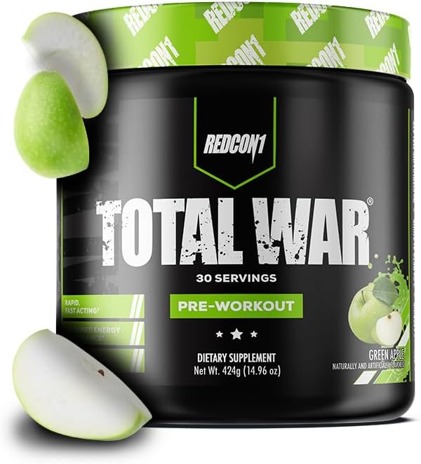 REDCON1 Total War Pre Workout Green Apple - Fast Acting Caffeinated Preworkout for Men + Women with Beta Alanine - Contains Citrulline Malate for Increased Pump Blood Flow (30 Servings)
