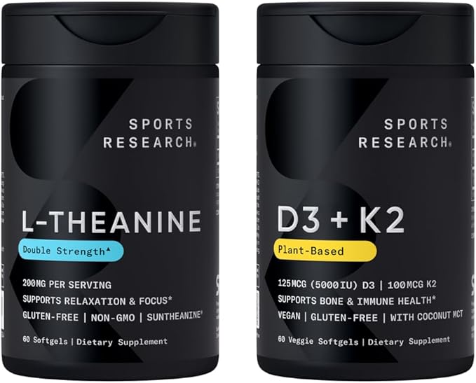 Sports Research® Sunshine's Touch Pack - Double Strength L-Theanine Supplement 200mg + Vegan D3 5000iu with Vitamin K2 100mg