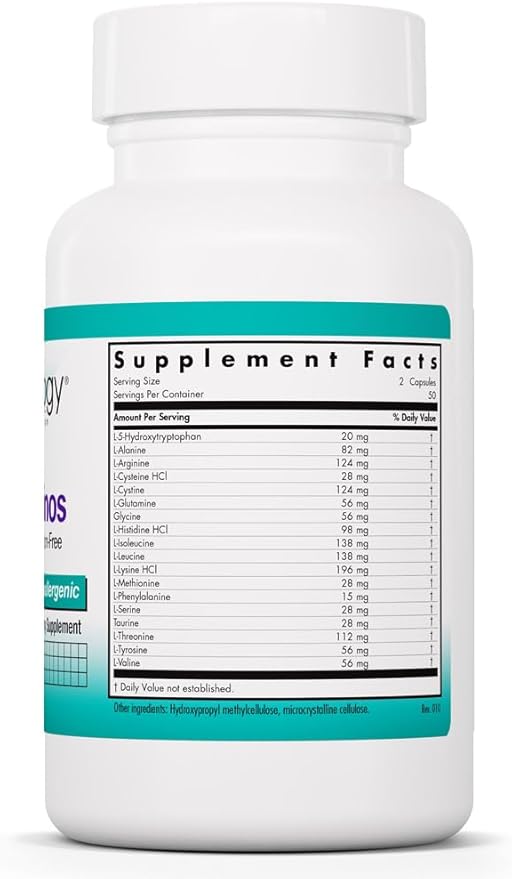 Nutricology Free Aminos Supplement - Essential Amino Acids Complex Lean Muscle Mass Support Vegetarian Capsules - 100 Count