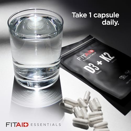 FITAID Essentials Vitamin D3 K2 5000 IU Supplement 125mcg D3 + 100mcg K2 MK7 High Absorption VIT D3 and K2 Supplements for Athletes Bone Health &amp Immune Support 120 Veg Caps 4 Month Supply