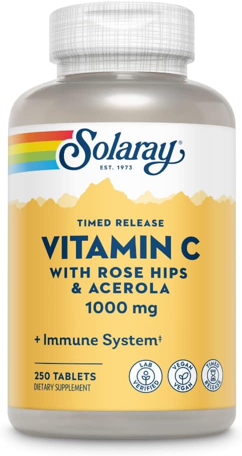 SOLARAY Vitamin C w/Rose HIPS &amp Acerola | 1000mg | Two-Stage Timed-Release Healthy Immune Function Skin Hair &amp Nails Support | Non-GMO | 250ct