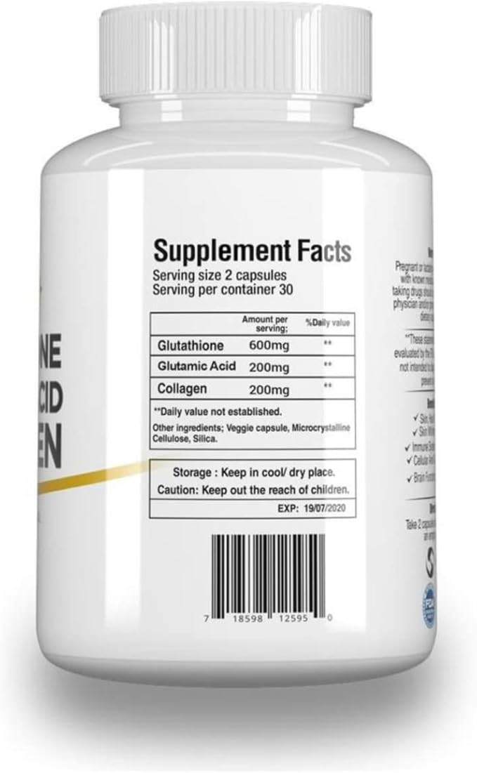 Young+ Glutathione Glutamic Acid and Collagen. Antioxidant Supplement - 1000mg 60 Capsules