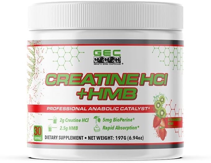 Creatine HCl + HMB for Athletes – Performance &amp Recovery Formula – 2g Creatine HCl 2.5g HMB – Fast Absorption No Bloat No Loading – 30 Servings – GEC (Standard Strawberry Kiwi)