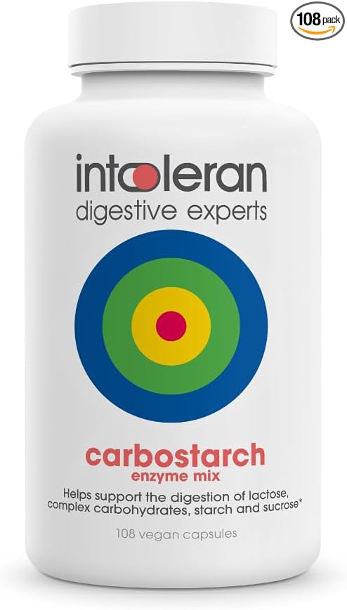 Intoleran Carbostarch Digestive Enzymes - 108 Capsules | Helps Digest Starch Sucrose Lactose and Complex carbohydrates | FODMAP Intolerance | Highly Dosed Supplement | Pure &amp Vegan