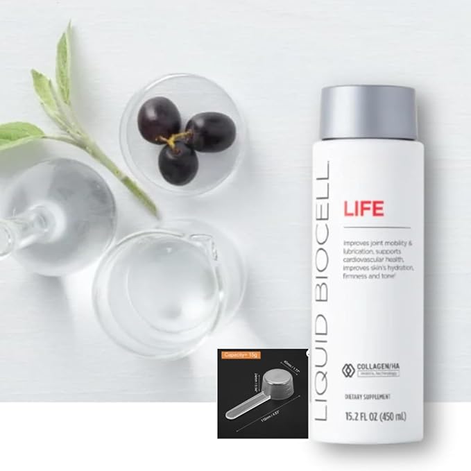 Liquid BioCell Life Liquid Collagen Supplement with Hyaluronic Acid and Type II Collagen - Anti-Aging Drink - 450 mL / 15.2 fl oz with Measuring Table Spoon