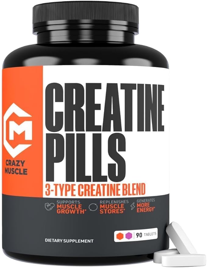 Crazy Muscle ThreeAtine Creatine Monohydrate Pills 5g Pure 3X Formula for Muscle Support &amp Training Performance - High Absorption Pre Workout Supplement for Men &amp Women Fitness 30 Servings