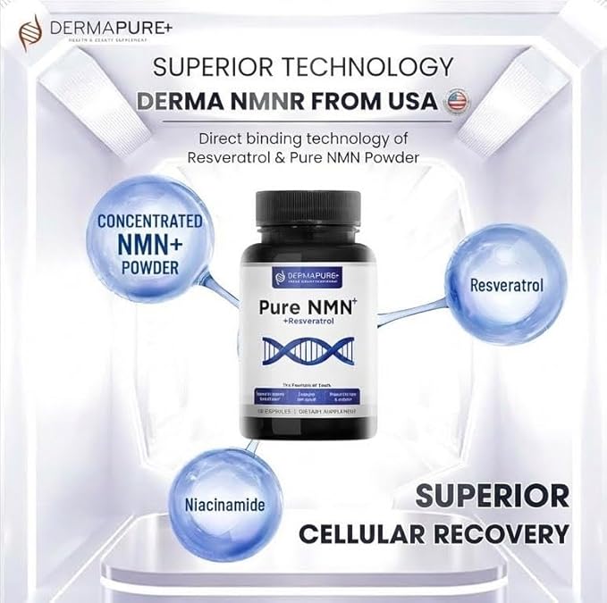 Dermapure NMN+ Supplement 4-in-1 – Support Youthful Skin Longevity Anti-Aging Reduces Fine Lines &amp Wrinkles Supports NAD+ Levels GMP Certified &amp FDA Registered – 60 Capsules (1 Pack)