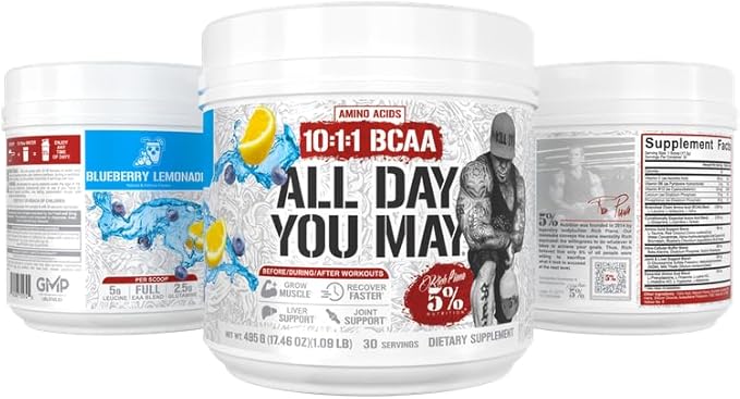 5% Nutrition Rich Piana AllDayYouMay BCAA Powder Premium Intra &amp Post Workout Amino Acids Hydration Endurance Muscle Recovery Joint &amp Liver | 17.5 oz 30 Servings (Blueberry Lemonade)