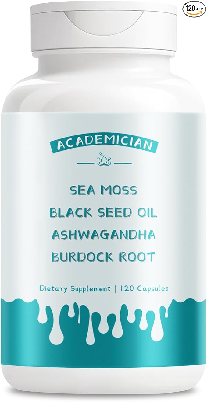Sea Moss Capsules with Black Seed Oil Burdock Root Capsules Ashwagandha Supplements Bladderwrack Capsule Vitamin C Vitamin D3 Elderberry Manuka Dandelion - 120 Count