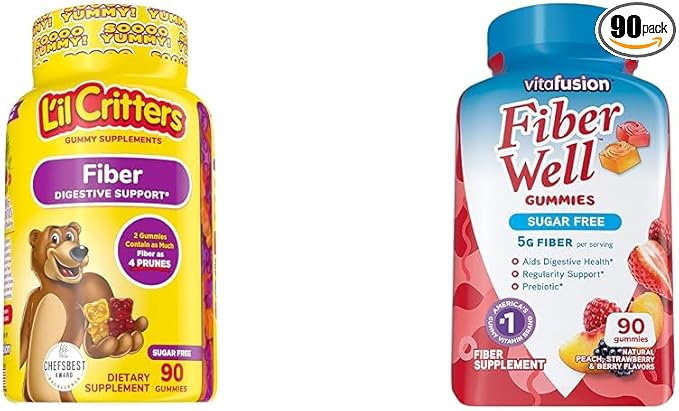 L’il Critters Fiber Daily Gummy Supplement for Kids for Digestive Support &amp Vitafusion Fiber Well Sugar Free Fiber Supplement Peach Strawberry and BlackBerry Flavored Supplements 90 Count
