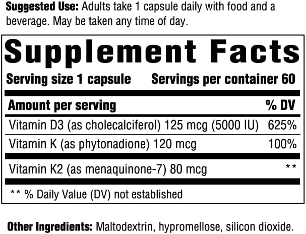 INNATE Response Formulas Vitamin D3 5000 IU (125 mcg) - Supplement That Supports Immune and Bone Health - Blend of Vitamins D3 K1 and K2 - Vegetarian - 60 Capsules (60 Servings)