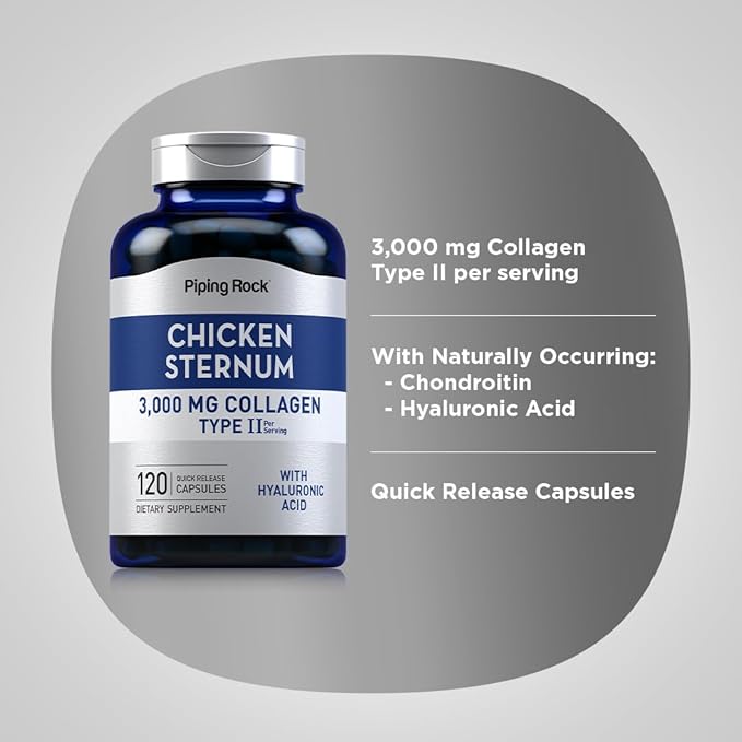 Piping Rock Chicken Sternum Type II Collagen Supplement | 3000mg | 120 Capsules | with Hyaluronic Acid | Non-GMO Gluten Free