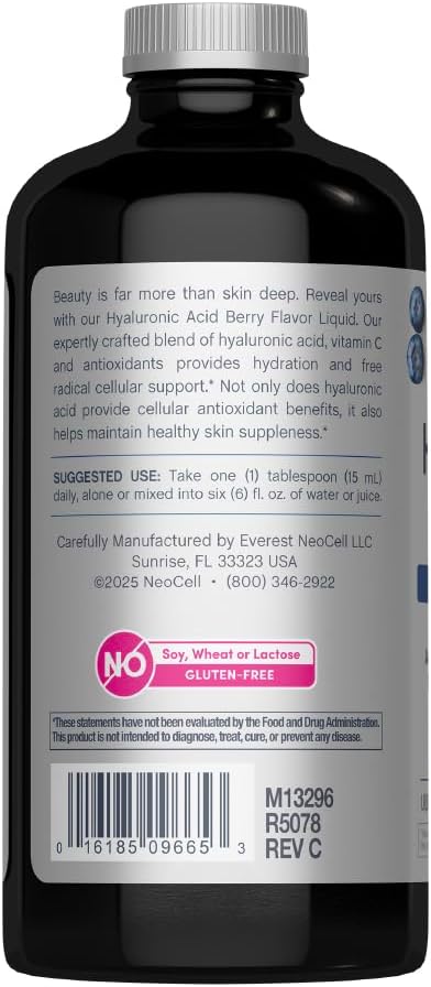 NeoCell Liquid Hyaluronic Acid | 16 fl oz | with Vitamin C | Skin Hydration | Antioxidant Supplement | Blueberry Flavor