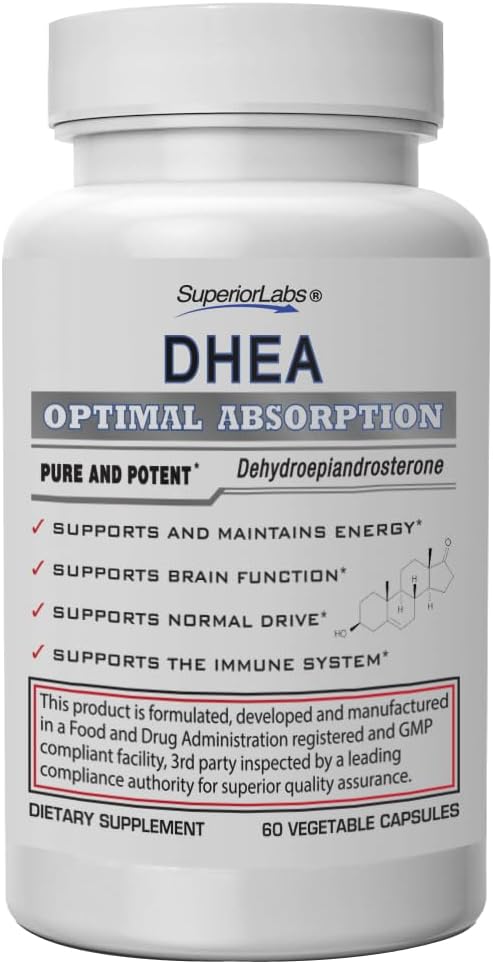 Superior Labs – Extra Strength Natural DHEA – Non-GMO 100 mg Dose 60 Vegetable Capsules – Promotes Healthy Aging in Men &amp Women – Helps Restores Youthful Energy Levels