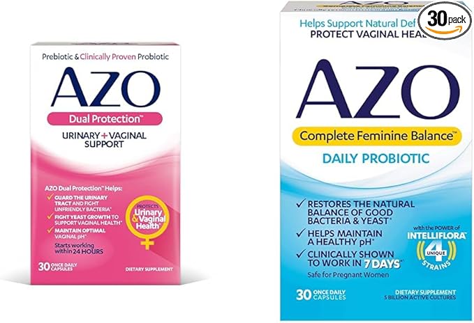 AZO Dual Protection | Urinary + Vaginal Support* | Prebiotic Plus Clinically Proven Women's Probiotic 30 Count &amp Complete Feminine Balance Daily Probiotics for Women