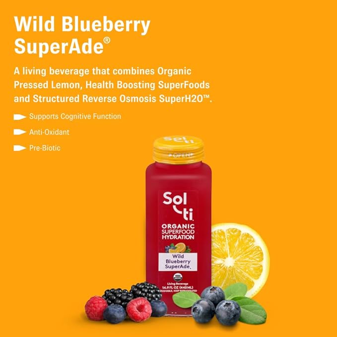 Organic SuperAde Hydration Drink with Powerful Anti-Oxidants SuperFood Lemonade by Sol-ti Cold-Pressed Wild Blueberry and Lemon Juice Blend 16 Pack (14.9 Fl oz)
