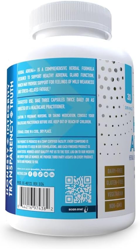 NuEthix Formulations Herbal Adrena+ Adrenal Support Supplements for Women &amp Men Cortisol Support Improve Energy Levels &amp Mood Includes Cordyceps &amp Ashwagandha Non-GMO Gluten Free 30