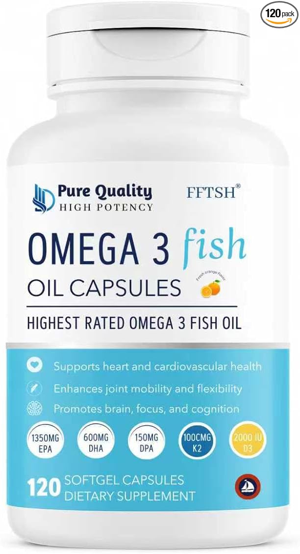 Omega 3 Supplement with EPA DHA DPA – 120 Softgels – Natural Fish Oil with Vitamin K2 and D3 – High Purity Formula for General Health Support
