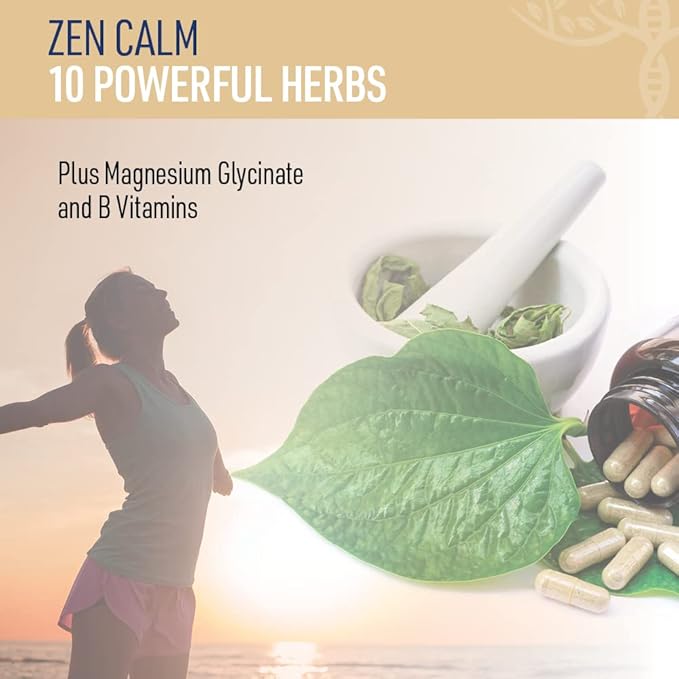 Zen Calm Stress Adrenal Support Supplement Organic Adaptogenic Herbs - Magnesium B Vitamins GABA &amp More to Support a Natural Calm. Non-Drowsy. Non-GMO (60 Veggie Caps)