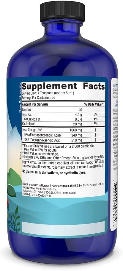 Nordic Naturals Arctic Cod Liver Oil Orange - 16 oz - 1060 mg Total Omega-3s with EPA &amp DHA - Heart &amp Brain Health Healthy Immunity Overall Wellness - Non-GMO - 96 Servings