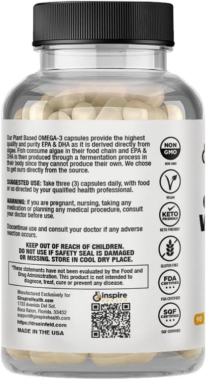 Dr. Seinfeld Vegan Algae Omega 3 and Vitamin D3 Supplement for Men and Women 90Ct