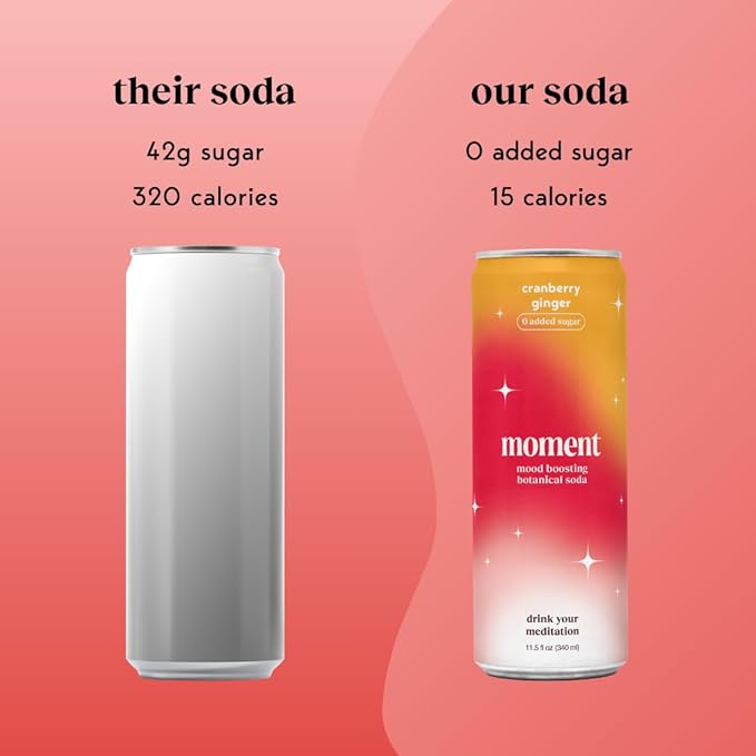 Moment Botanical Soda Soft Drink (Shark Tank) - SPARKLING Non Alcoholic Drinks | Cranberry Ginger | L-Theanine &amp Ashwagandha for Calm &amp Clarity | 0 Added Sugar 0 Caffeine | 12-pack