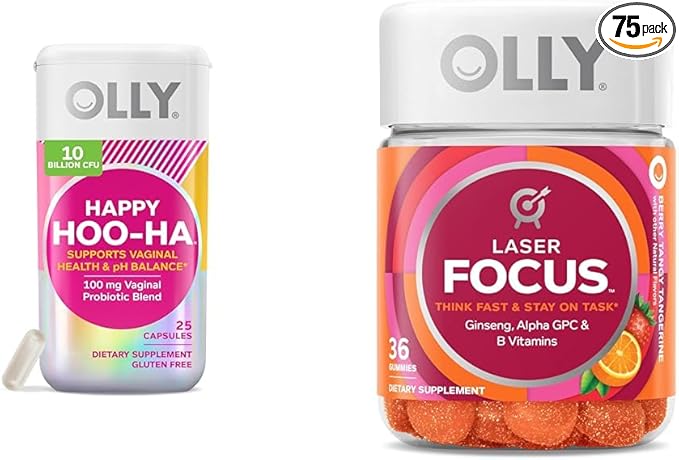 OLLY Probiotic for Women Vaginal Health Capsules and Focus Gummy with Ginseng and Vitamins Bundle - 25 Count and 36 Count