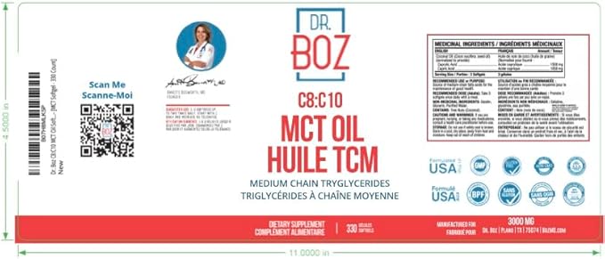 Dr. Boz - C8:C10 MCT Oil Supplement (330 Softgels) - Doctor Approved - Natural Energy &amp Mental Focus - Increases Ketones - Made from Pure Coconut Oil - Made in The USA - Self Care