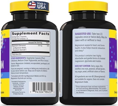 InnovixLabs Advanced Magnesium Capsules - 150 Ct 210 mg - Chelated Glycinate and Malate - High Absorption Promotes Relaxation Bones Muscle Health Vegan Malate Sleep Supplement