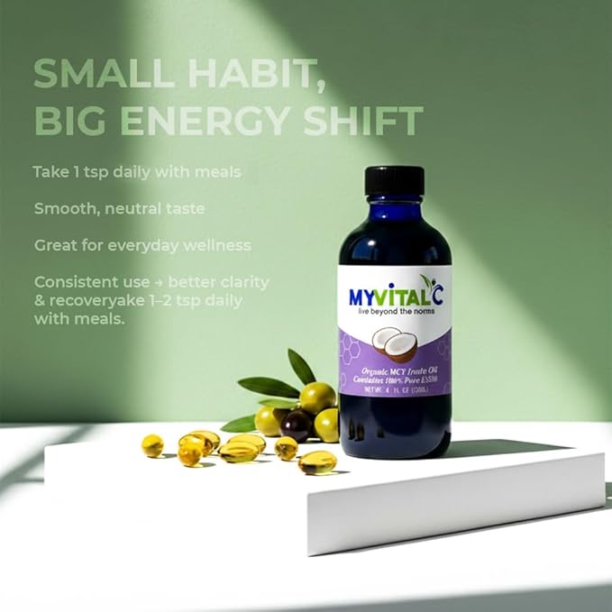 MyVitalC Organic MCT Oil Coconut Derived - Pure ESS60 Antioxidant Supplement - For Anti-Aging Oxidation Longevity Sleep More Energy - 120ML