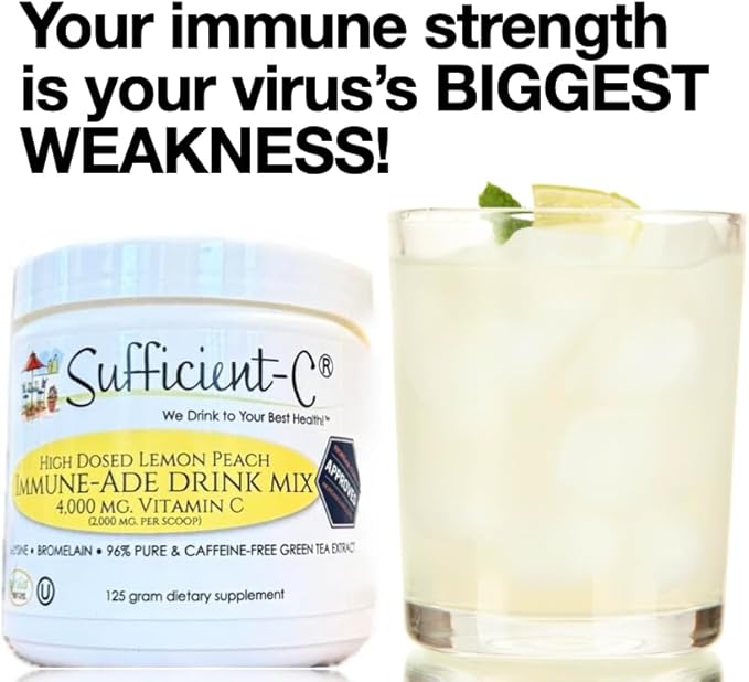 Sufficient-C High Dose Non-GMO Vitamin C Lemon Peach Immune-Ade Drink Mix Convenient 125 Gram Size w/L-lysine Bromelain &amp a Premium 96% Pure Green Tea Extract - Stomach Friendly Adrenal Support