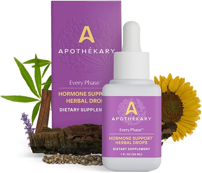 Apothékary Every Phase Natural Hormone Support Hormone-Free Herbal Liquid Drops Clinically-Proven Mediterranean Pine Bark Chaste Tree Berry Menstrual and Menopause Support 1 oz 30 Servings