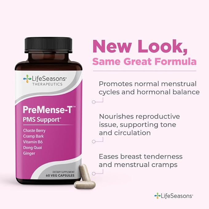 LifeSeasons - PreMense-T - PMS Relief Supplement - Support for Pre-Menstrual Symptoms Cramping &amp Breast Tenderness - Nourish Tissue - Ginger Crampbark Dong Quai Chasteberry &amp Vitamin B6-60 Ca
