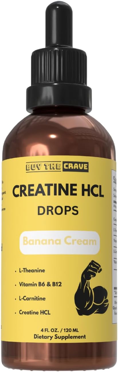 Creatine HCL Liquid Drops for Men &amp Women - 2 ml Per Serving L-Theanine Vitamin B12 &amp B6 L-Carnitine - High Absorption 4 Fl Oz (120ml) (4 FL OZ Banana Cream)