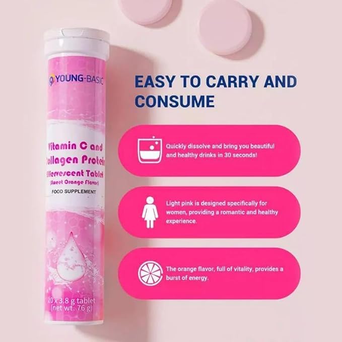 Vitamin C Effervescent Tablets with Collagen Potent Immune Support VIT C with Collagen Supplement Antioxidants Skin Radiance Dissolvable Vitamin C 40 Tablets (Pack of 2) Sweet Orange Flavor
