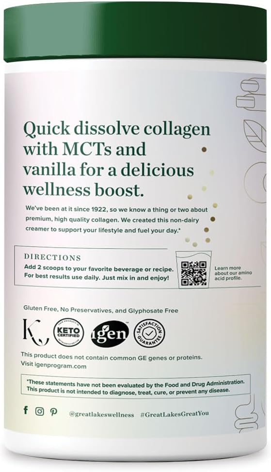 Great Lakes Wellness Keto Boost Advanced Collagen Peptides Powder with 4.2g MCTs - Vanilla Flavored - Nutritiously-Rich Non-Dairy Coffee Creamer or Smoothie Alt - Non-GMO Kosher - 14.1 oz
