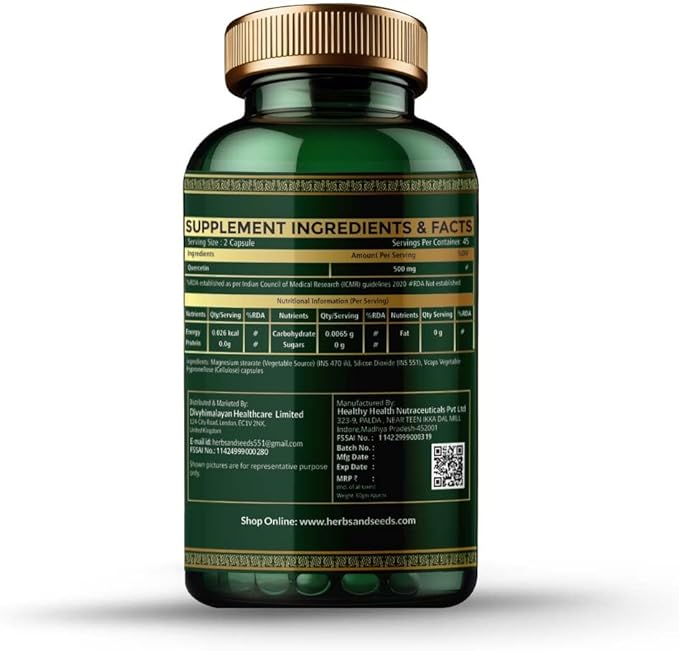 HERBS &amp SEEDS Quercetin Complex 500mg Supplement Natural Vegan Sources with Bioflavonoids &amp Potent Antioxidants for Cellular Health Support &amp Promotes Immunity – 90 Capsules