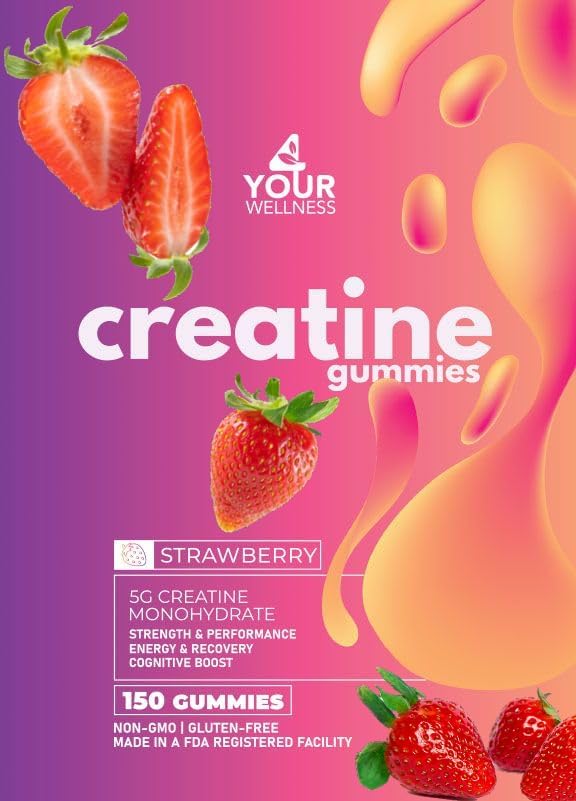 Creatine Monohydrate 5000mg Gummies - Vegan Strawberry Chewable Supplement for Women and Men Strength Endurance and Focus Support Travel-Friendly - 30 Day Supply 150 Count