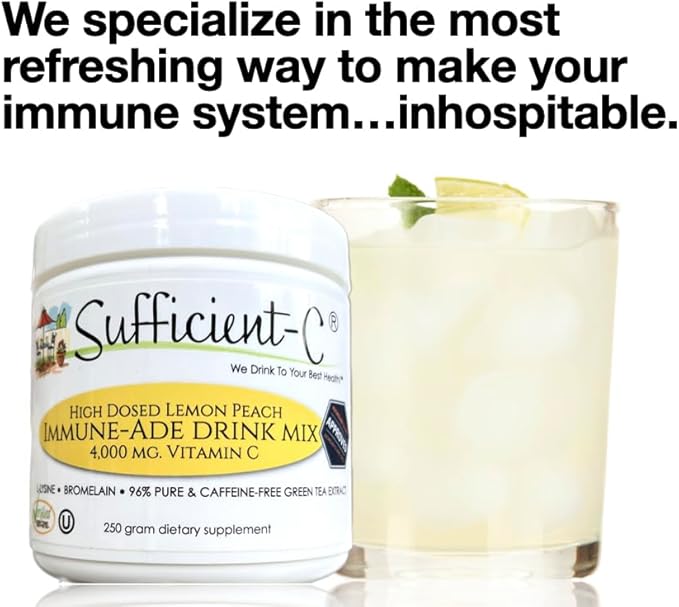 Sufficient-C High Dose Non-GMO Vitamin C - Lemon Peach Immune-Ade Drink Mix 250 Grams - Healthy Hydration Like Never Before (2 Pack)