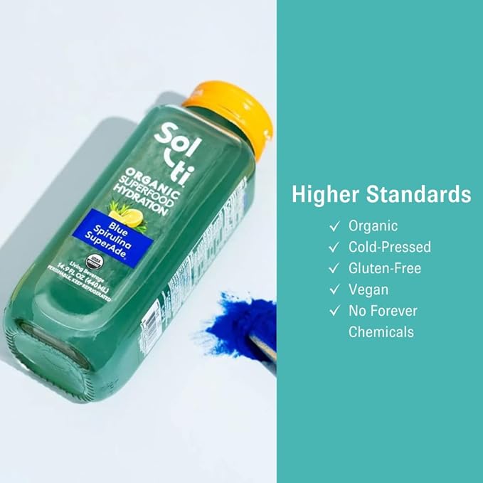 Organic SuperAde Hydration Drink Boosts Memory SuperFood Lemonade by Sol-ti Cold-Pressed Blue Spirulina and Lemon Juice Blend 16 Pack (14.9 Fl oz)